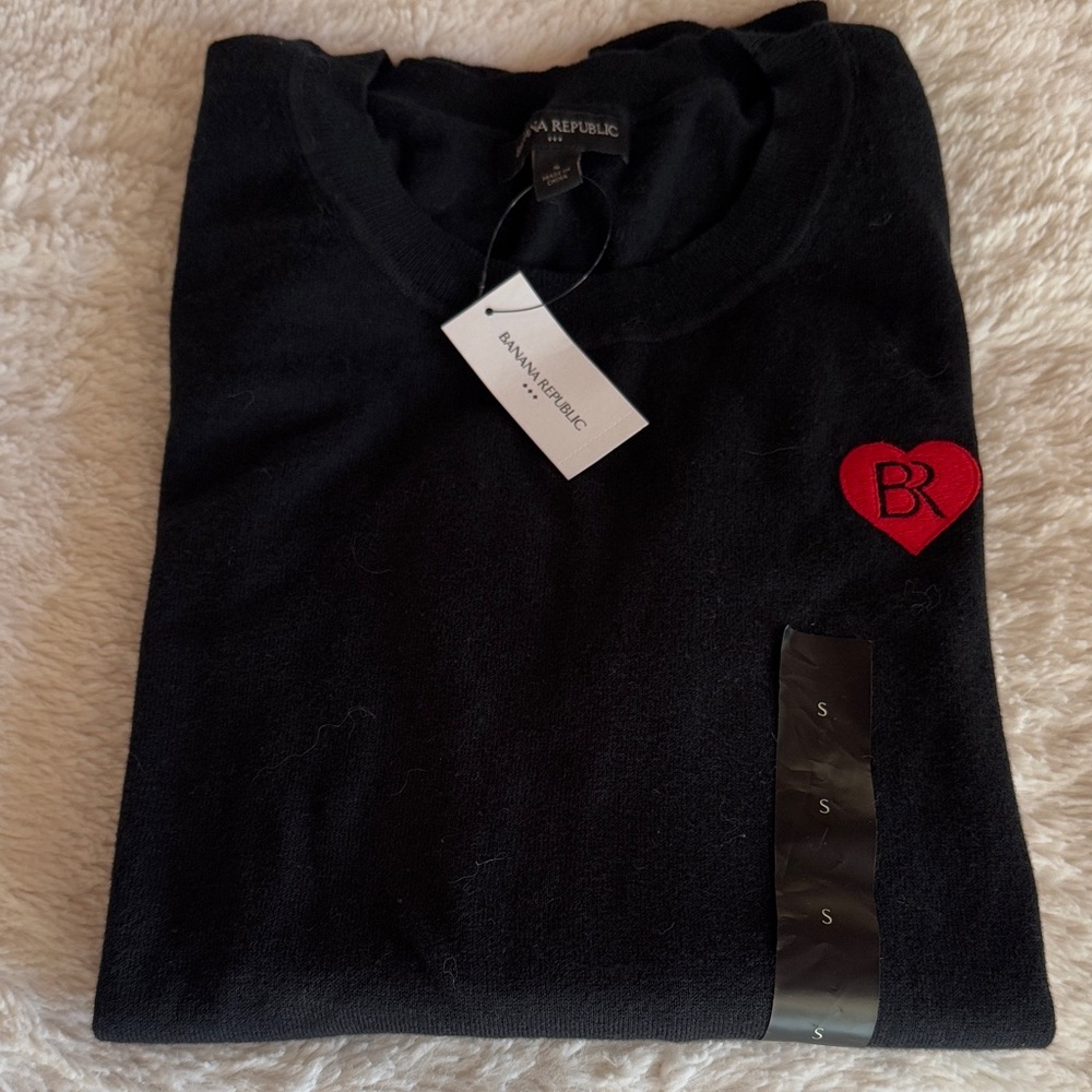 Banana Republic Factory Black Cotton Sweater with Red Heart Accent